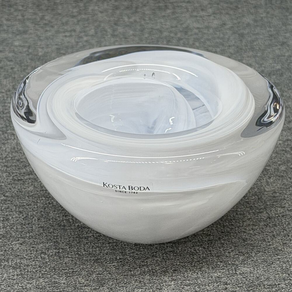 Kosta Boda Hand Blown Swedish Art Glass Tealight Candle Holder White Blue Swirl